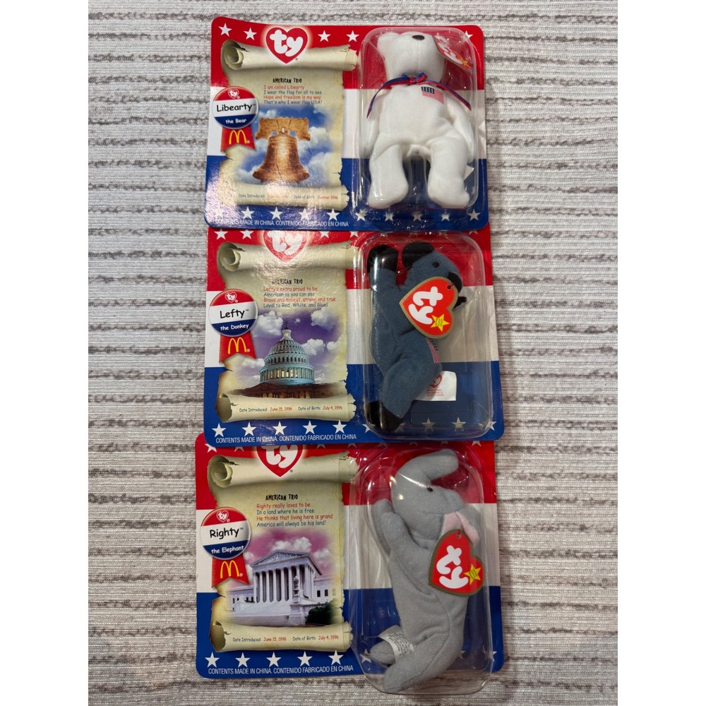 Ty Teenie Beanie Babies 1996 McDonalds American Trio Libearty Lefty Righty Set